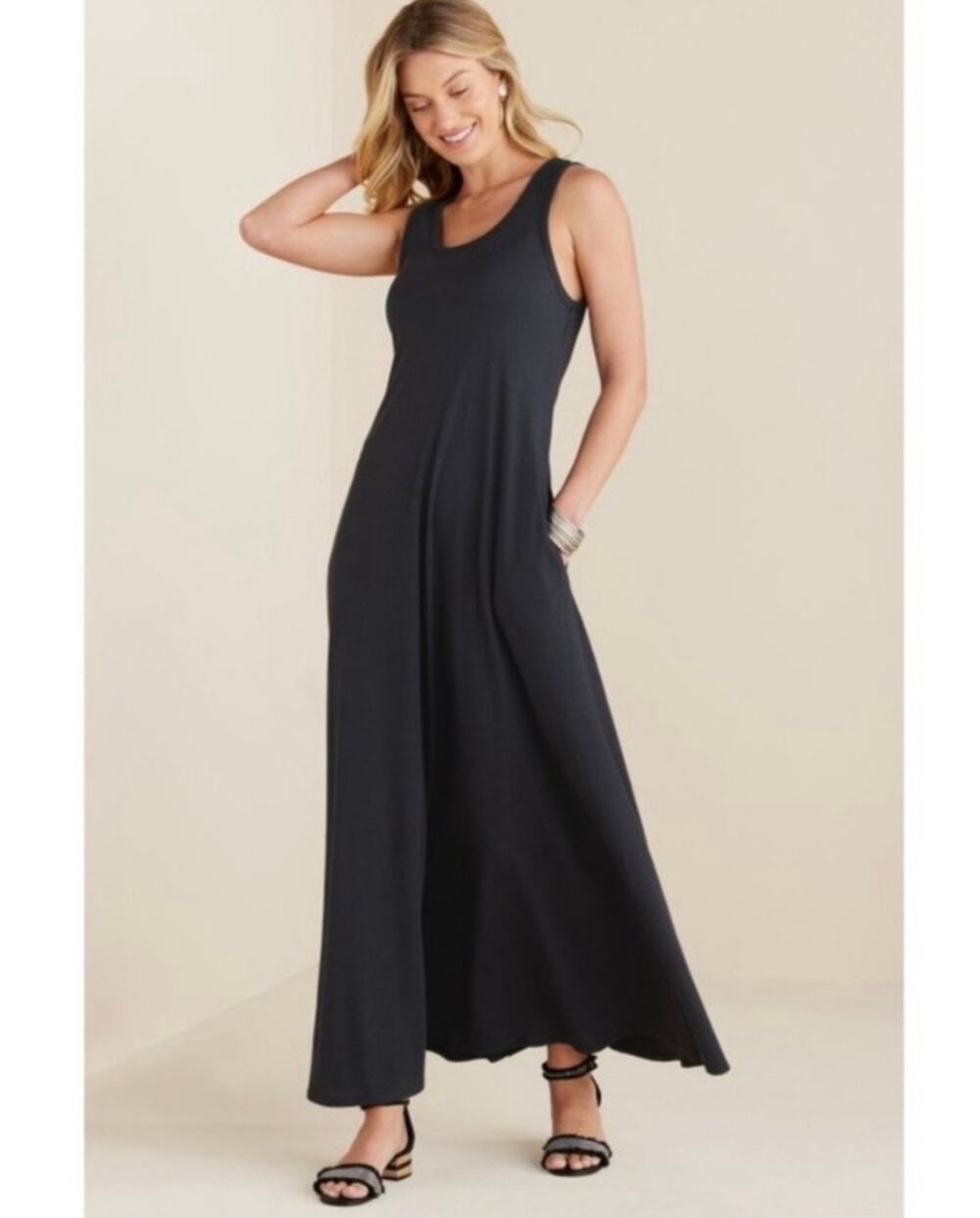Soft Surroundings Black Cotton-Modal Sleeveless Santiago Maxi Tank Dress Size S